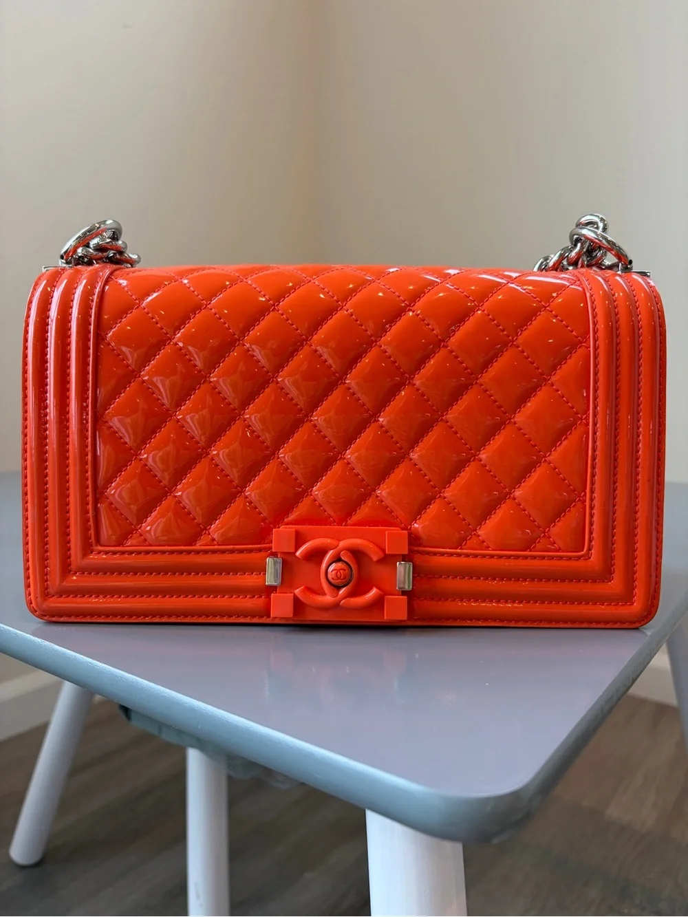 CHANEL Orange Quilted Patent Leather Crossbody Boy Bag